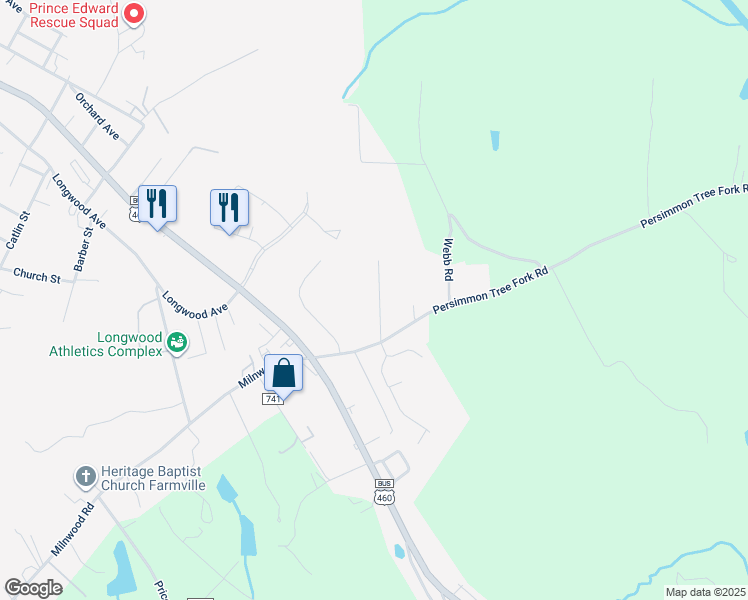 map of restaurants, bars, coffee shops, grocery stores, and more near 1607 Noblin Drive in Farmville