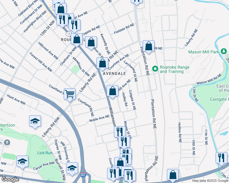 map of restaurants, bars, coffee shops, grocery stores, and more near 302 Forest Hill Avenue Northeast in Roanoke