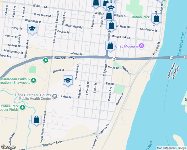 map of restaurants, bars, coffee shops, grocery stores, and more near 845 Walnut Street in Cape Girardeau