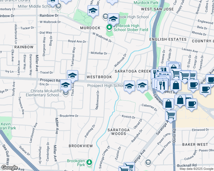 map of restaurants, bars, coffee shops, grocery stores, and more near 12080 Brookglen Drive in Saratoga