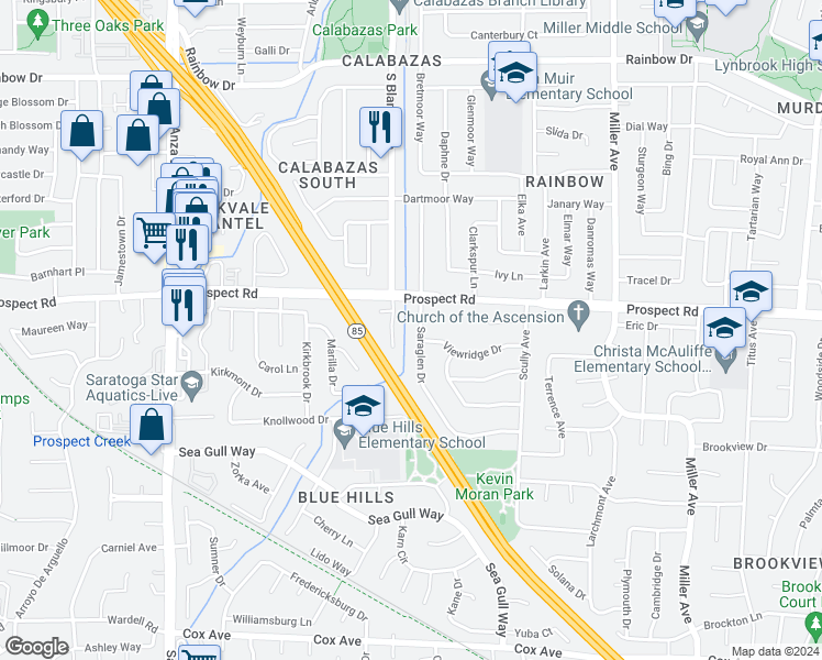map of restaurants, bars, coffee shops, grocery stores, and more near 12061 Saraglen Drive in Saratoga