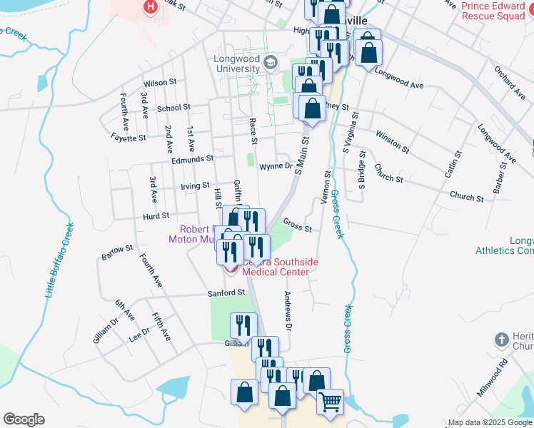 map of restaurants, bars, coffee shops, grocery stores, and more near 801 South Main Street in Farmville