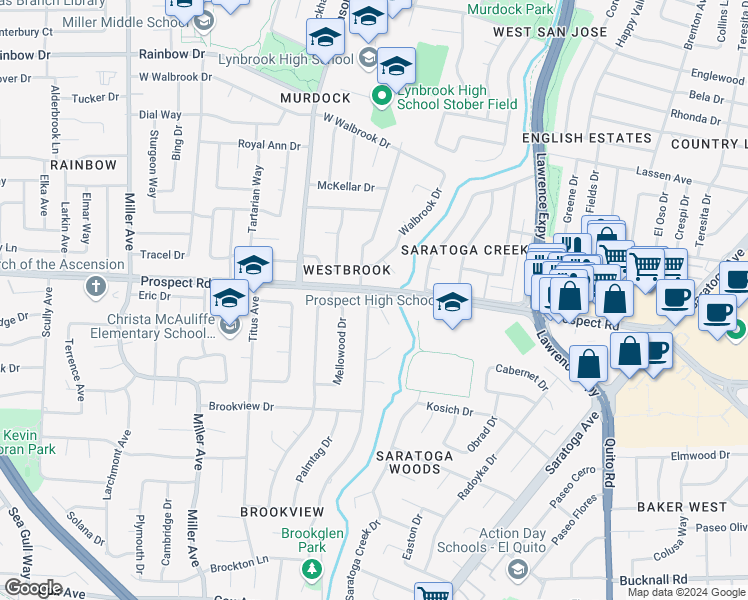 map of restaurants, bars, coffee shops, grocery stores, and more near 12080 Brookglen Drive in Saratoga