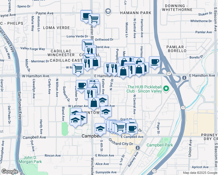 map of restaurants, bars, coffee shops, grocery stores, and more near 375 North 3rd Street in Campbell