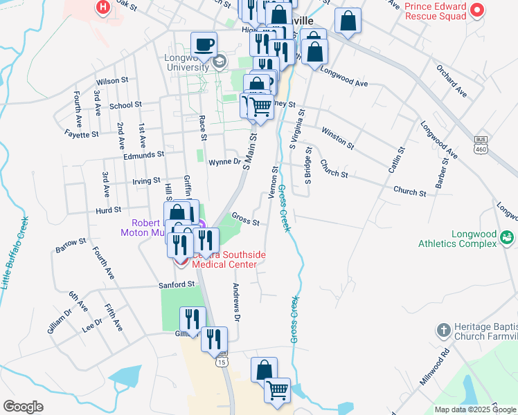 map of restaurants, bars, coffee shops, grocery stores, and more near Front Street in Farmville