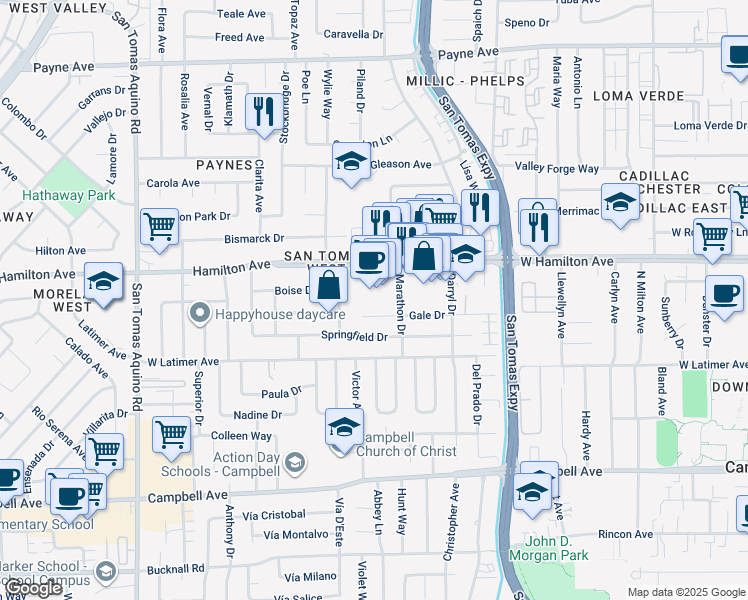 map of restaurants, bars, coffee shops, grocery stores, and more near in Campbell