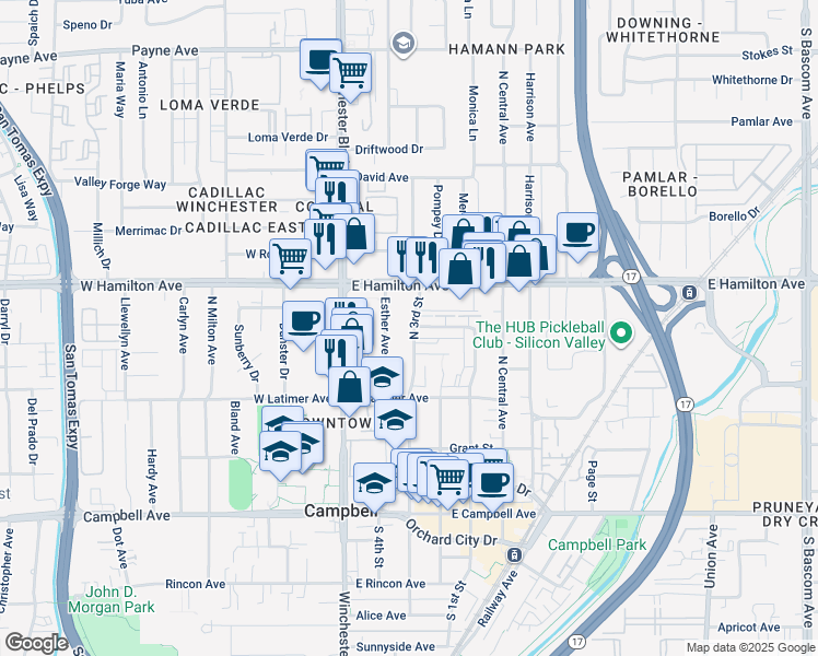 map of restaurants, bars, coffee shops, grocery stores, and more near 375 North 3rd Street in Campbell