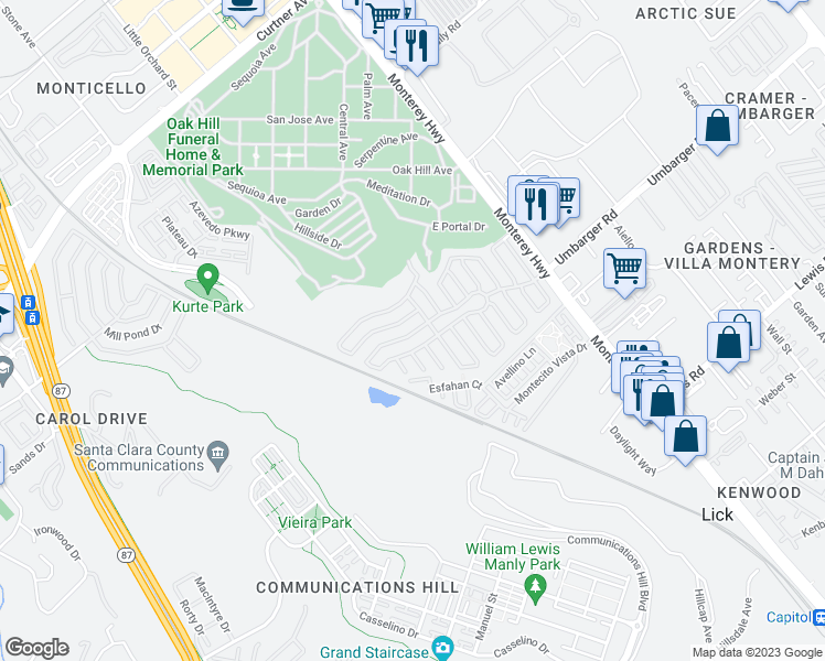 map of restaurants, bars, coffee shops, grocery stores, and more near 260 Chateau La Salle Drive in San Jose
