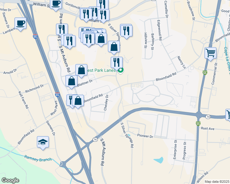 map of restaurants, bars, coffee shops, grocery stores, and more near 403 Penrod Place in Cape Girardeau
