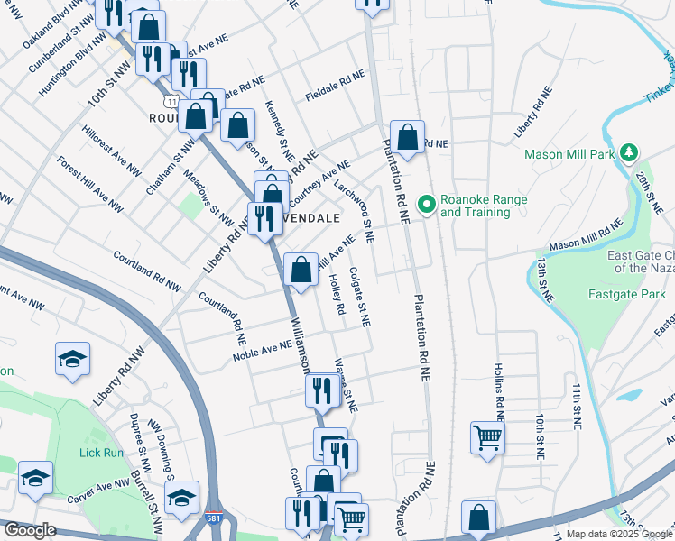 map of restaurants, bars, coffee shops, grocery stores, and more near 2129 Holley Road in Roanoke