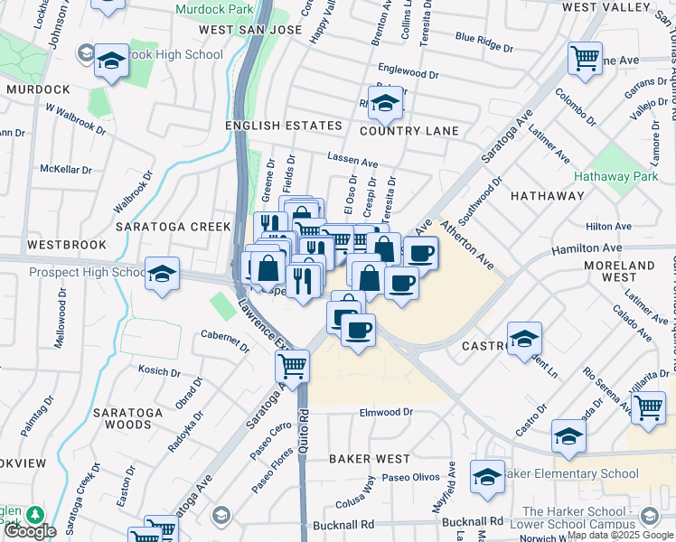 map of restaurants, bars, coffee shops, grocery stores, and more near 5205 Prospect Road in San Jose
