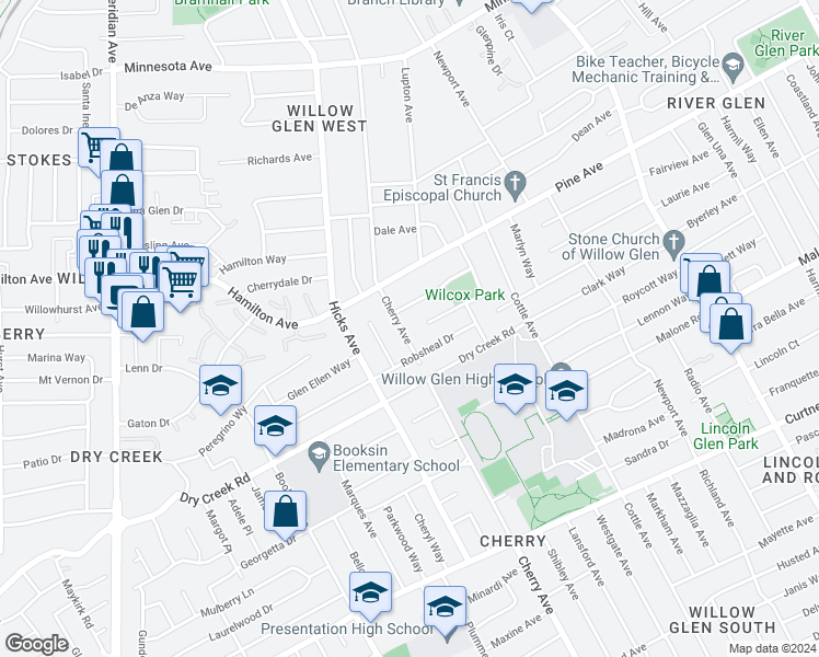 map of restaurants, bars, coffee shops, grocery stores, and more near 1804 Cherry Avenue in San Jose
