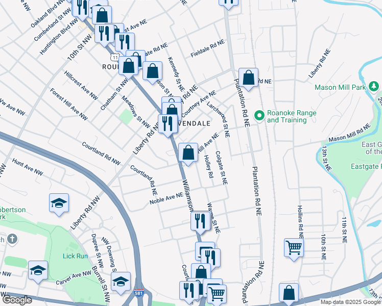 map of restaurants, bars, coffee shops, grocery stores, and more near 302 Forest Hill Avenue Northeast in Roanoke