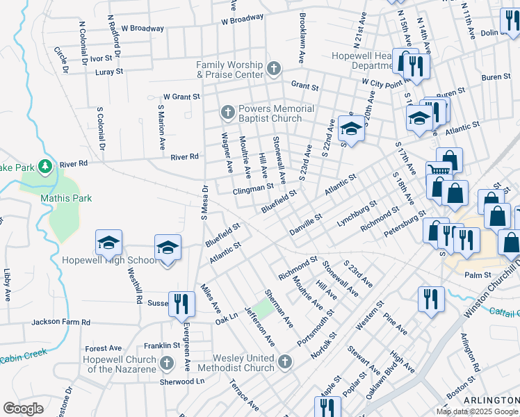 map of restaurants, bars, coffee shops, grocery stores, and more near 2501 Bluefield Street in Hopewell