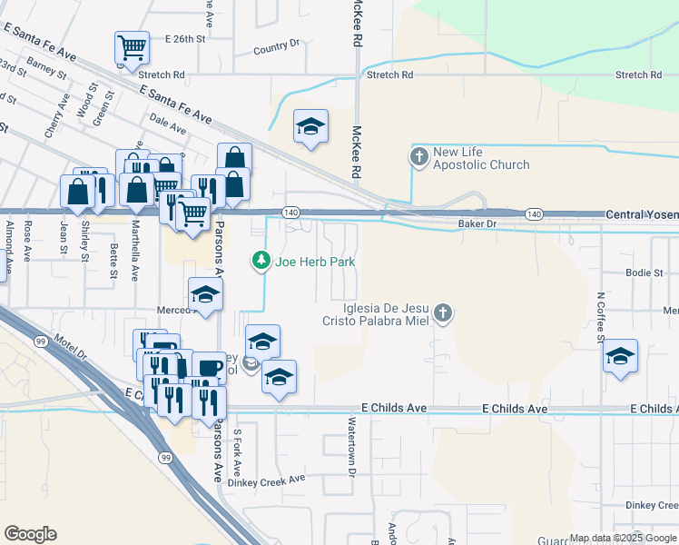 map of restaurants, bars, coffee shops, grocery stores, and more near 2240 Golden Oak Lane in Merced