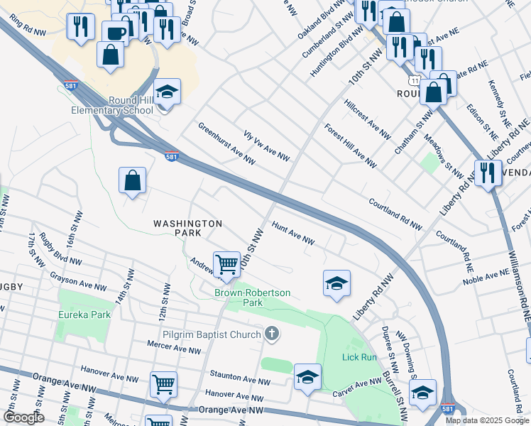 map of restaurants, bars, coffee shops, grocery stores, and more near 1015 Hunt Avenue Northwest in Roanoke
