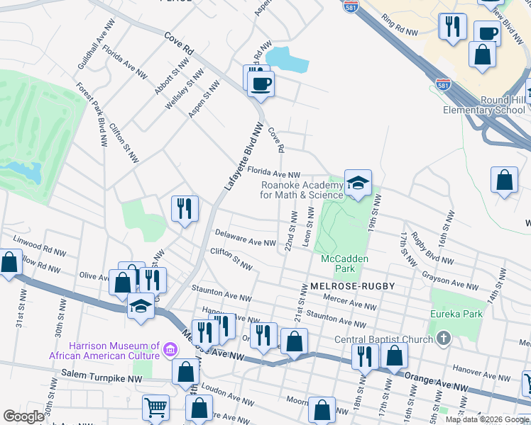 map of restaurants, bars, coffee shops, grocery stores, and more near 2401 Massachusetts Avenue Northwest in Roanoke