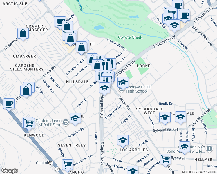 map of restaurants, bars, coffee shops, grocery stores, and more near 3175 Senter Road in San Jose