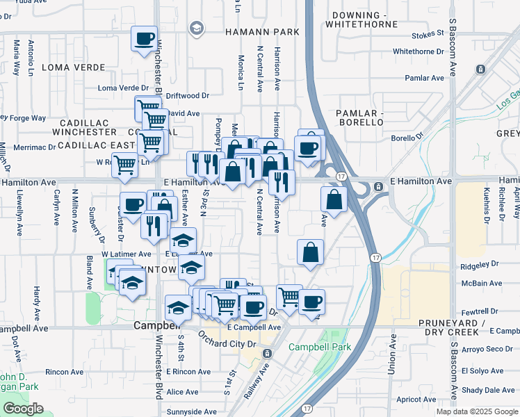 map of restaurants, bars, coffee shops, grocery stores, and more near 403 North Central Avenue in Campbell
