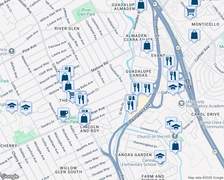 map of restaurants, bars, coffee shops, grocery stores, and more near 911 Franquette Avenue in San Jose