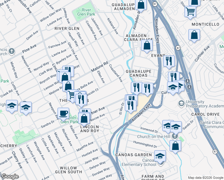 map of restaurants, bars, coffee shops, grocery stores, and more near 911 Franquette Avenue in San Jose
