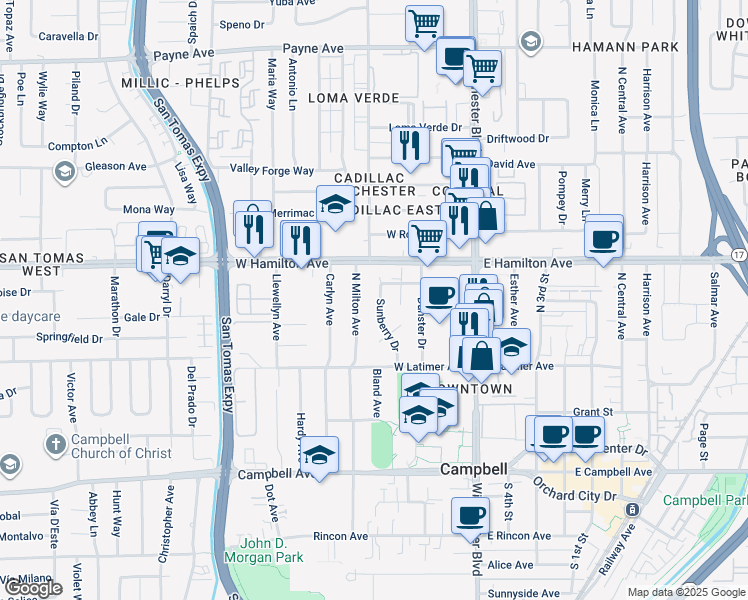 map of restaurants, bars, coffee shops, grocery stores, and more near 415 Sunberry Drive in Campbell