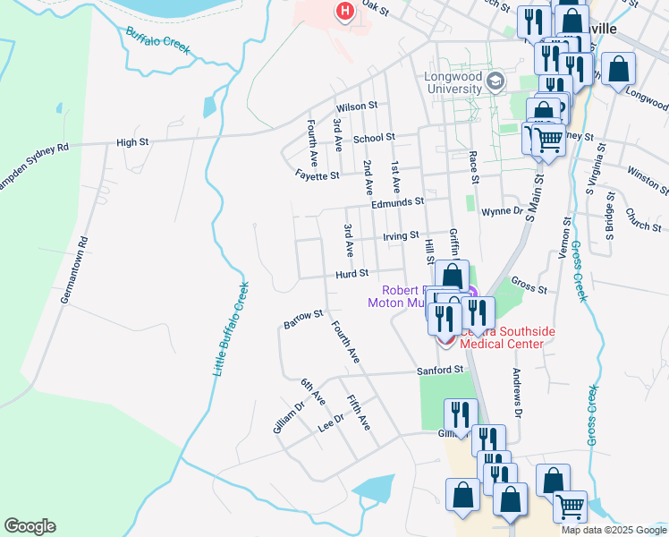map of restaurants, bars, coffee shops, grocery stores, and more near 1004 Hurd Street in Farmville