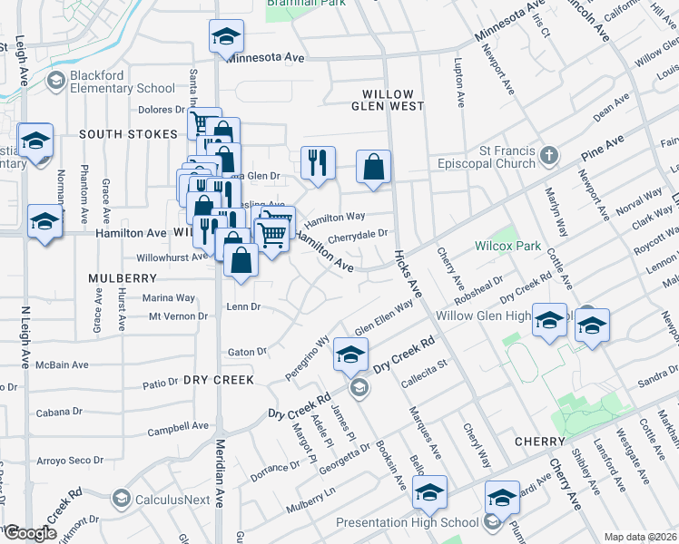 map of restaurants, bars, coffee shops, grocery stores, and more near 1715 Sandy Creek Lane in San Jose