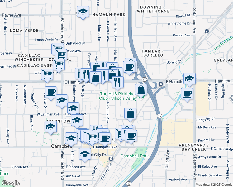 map of restaurants, bars, coffee shops, grocery stores, and more near 398 Harrison Avenue in Campbell