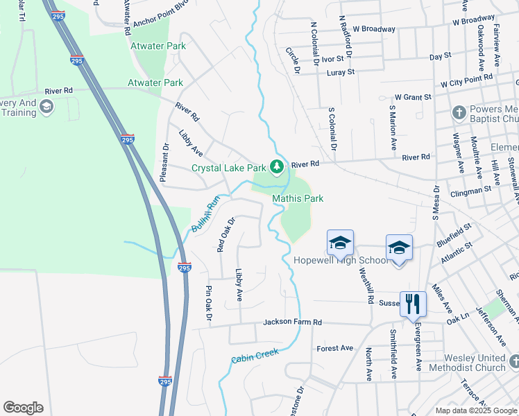 map of restaurants, bars, coffee shops, grocery stores, and more near 247 Bull Run Drive in Hopewell