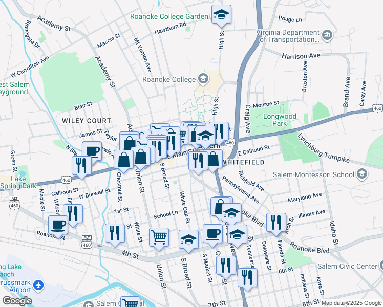 map of restaurants, bars, coffee shops, grocery stores, and more near 100 Lee Highway in Salem