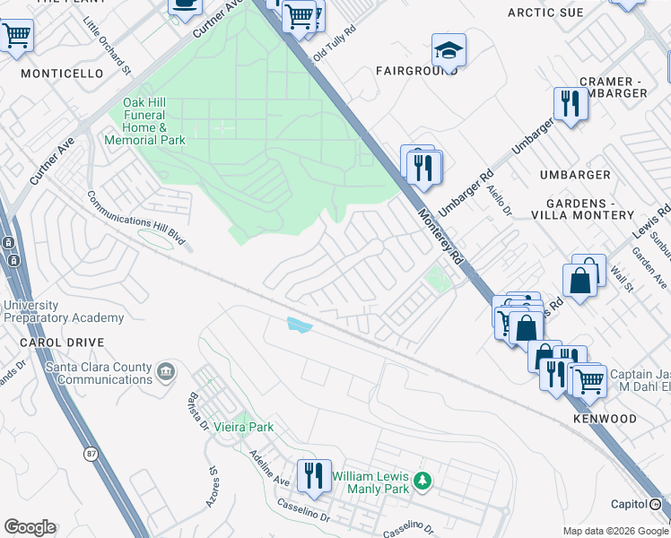 map of restaurants, bars, coffee shops, grocery stores, and more near 341 Chateau La Salle Drive in San Jose