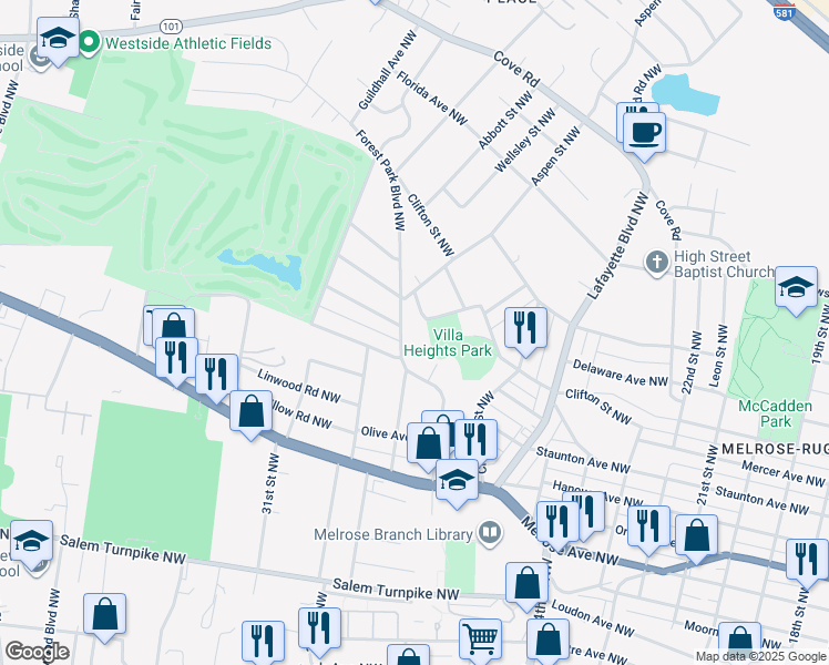 map of restaurants, bars, coffee shops, grocery stores, and more near 1125 Forest Park Boulevard Northwest in Roanoke