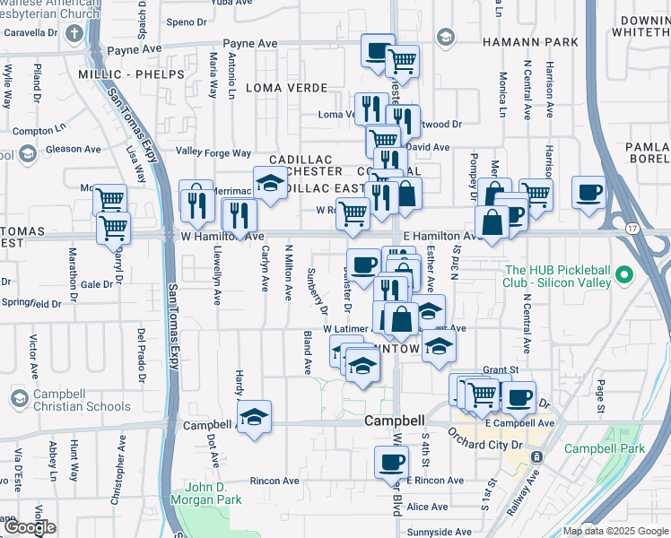 map of restaurants, bars, coffee shops, grocery stores, and more near 400 Lawndale Avenue in Campbell