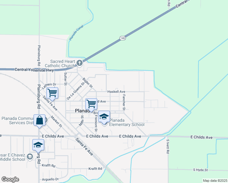 map of restaurants, bars, coffee shops, grocery stores, and more near 9594 Haskell Avenue in Planada