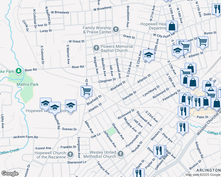 map of restaurants, bars, coffee shops, grocery stores, and more near 2501 Bluefield Street in Hopewell