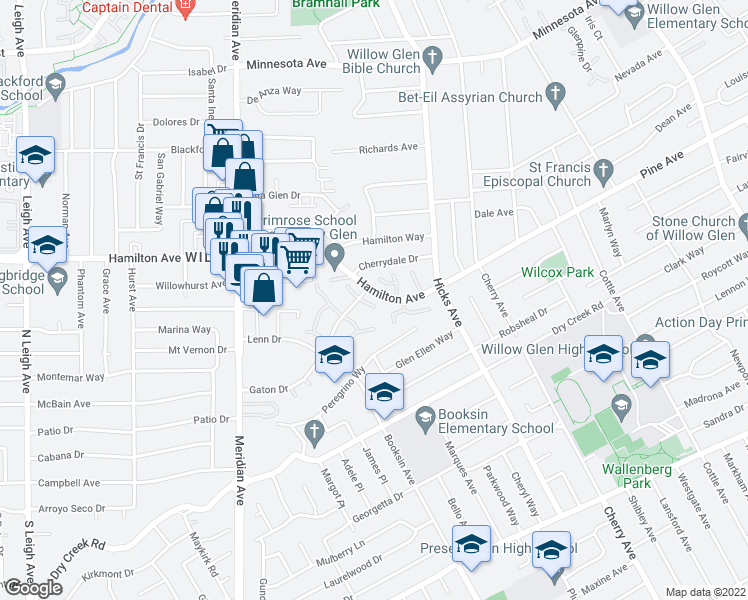 map of restaurants, bars, coffee shops, grocery stores, and more near 1719 Sandy Creek Lane in San Jose