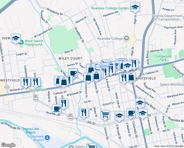 map of restaurants, bars, coffee shops, grocery stores, and more near 20 Academy Street in Salem