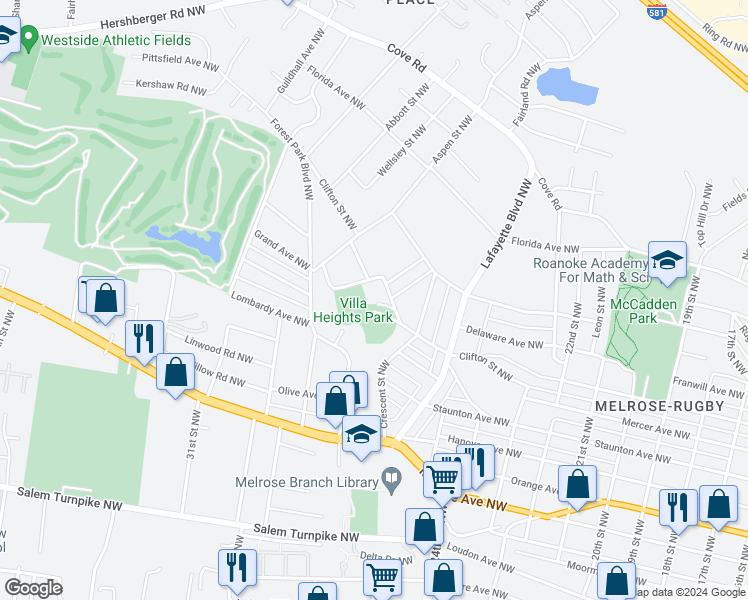 map of restaurants, bars, coffee shops, grocery stores, and more near 2755 Hoover Street Northwest in Roanoke