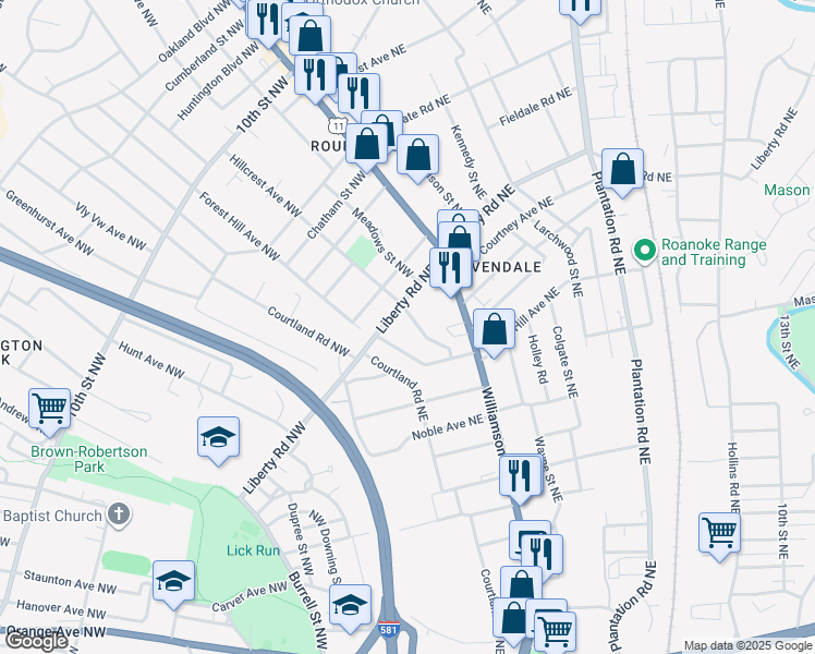 map of restaurants, bars, coffee shops, grocery stores, and more near 17 Hillcrest Ave NE in Roanoke