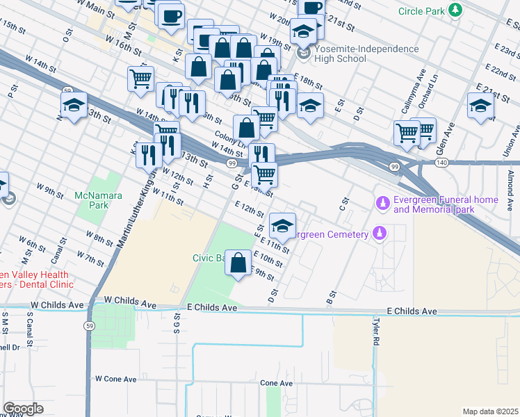 map of restaurants, bars, coffee shops, grocery stores, and more near 117 East 12th Street in Merced