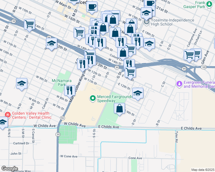 map of restaurants, bars, coffee shops, grocery stores, and more near 35 West 11th Street in Merced