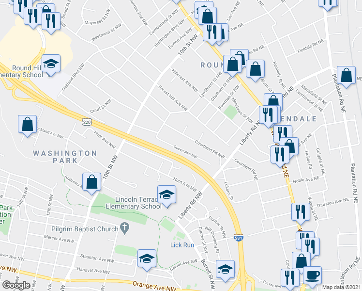 map of restaurants, bars, coffee shops, grocery stores, and more near 751 Queen Avenue Northwest in Roanoke