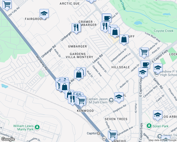 map of restaurants, bars, coffee shops, grocery stores, and more near 240 Wall Street in San Jose