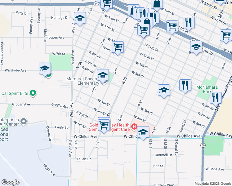 map of restaurants, bars, coffee shops, grocery stores, and more near 511 R Street in Merced