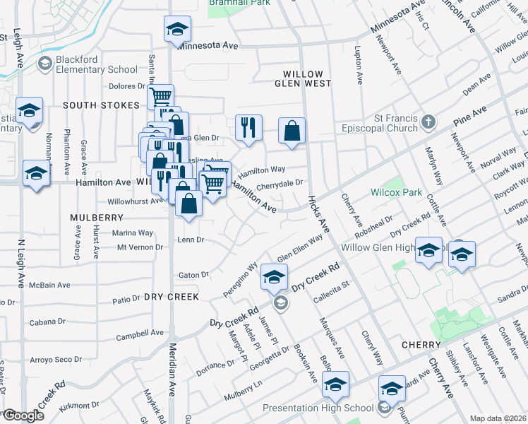map of restaurants, bars, coffee shops, grocery stores, and more near 1713 Sandy Creek Lane in San Jose