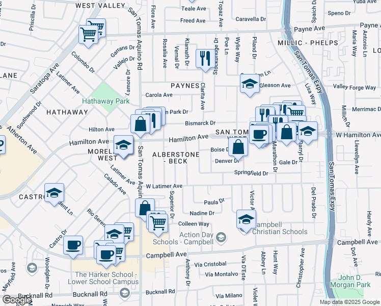 map of restaurants, bars, coffee shops, grocery stores, and more near 1640 Cloverdale Lane in San Jose