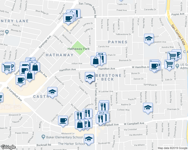 map of restaurants, bars, coffee shops, grocery stores, and more near 1631 San Tomas Aquino Road in San Jose