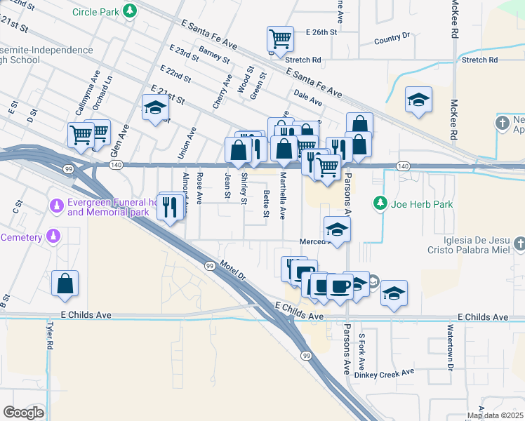 map of restaurants, bars, coffee shops, grocery stores, and more near 1665 Bette Street in Merced