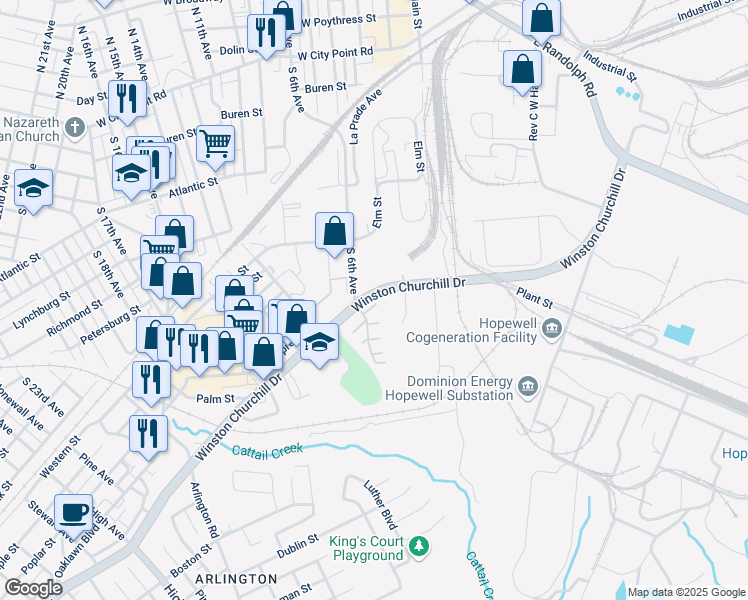 map of restaurants, bars, coffee shops, grocery stores, and more near 600 Winston Churchill Drive in Hopewell